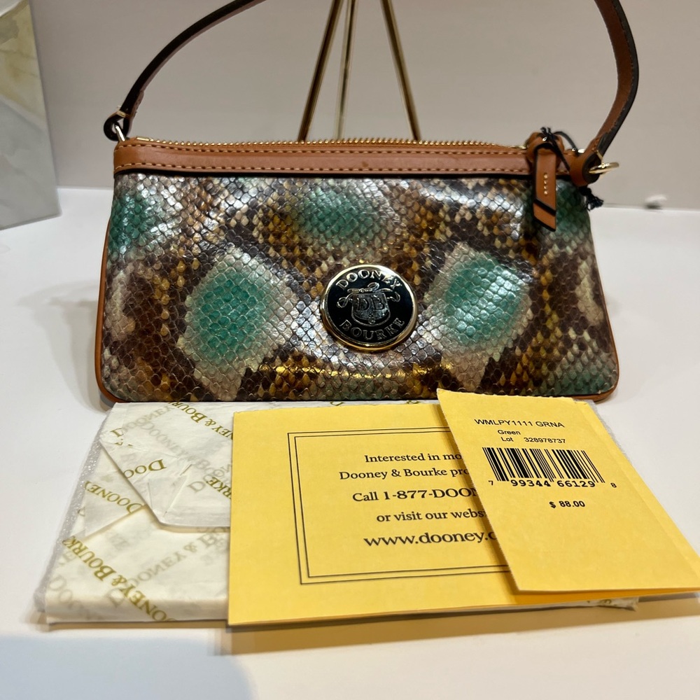 Dooney & Bourke Tan and Green Snake Print Clutch - Picture 5 of 13